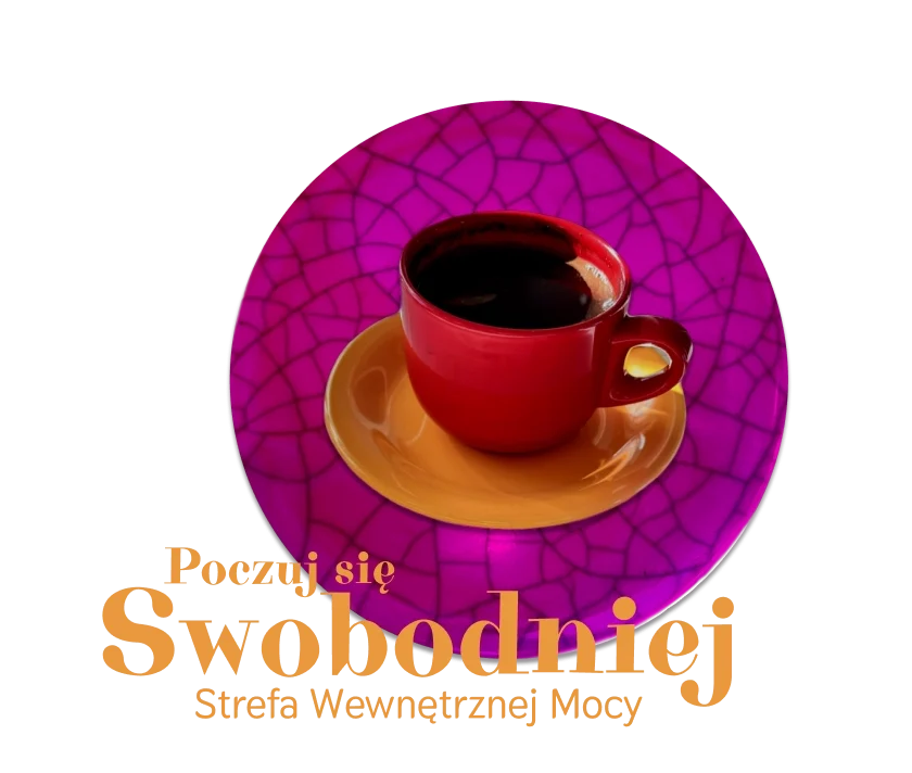 swobodniej Samoprogramowanie Strefa wewnętrznej mocy. Czerwona filiżanka z kawą na żółtym spodku symbolizuje stan relaksu, w którym możemy uzdrawiać swoje emocje i programy w podświadomości. Fioletowe, popękane tło jest symbolem uzdrowienia tych kawałeczków nas.