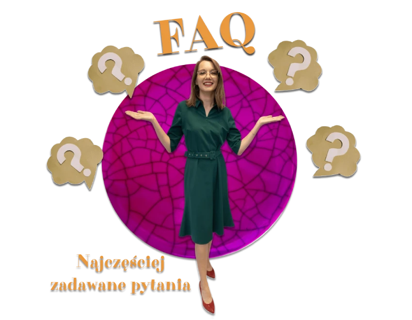 FAQ, kobieta w zielonej sukience i czerwonych obcasach, odpowiada na najczęściej zadawane pytania